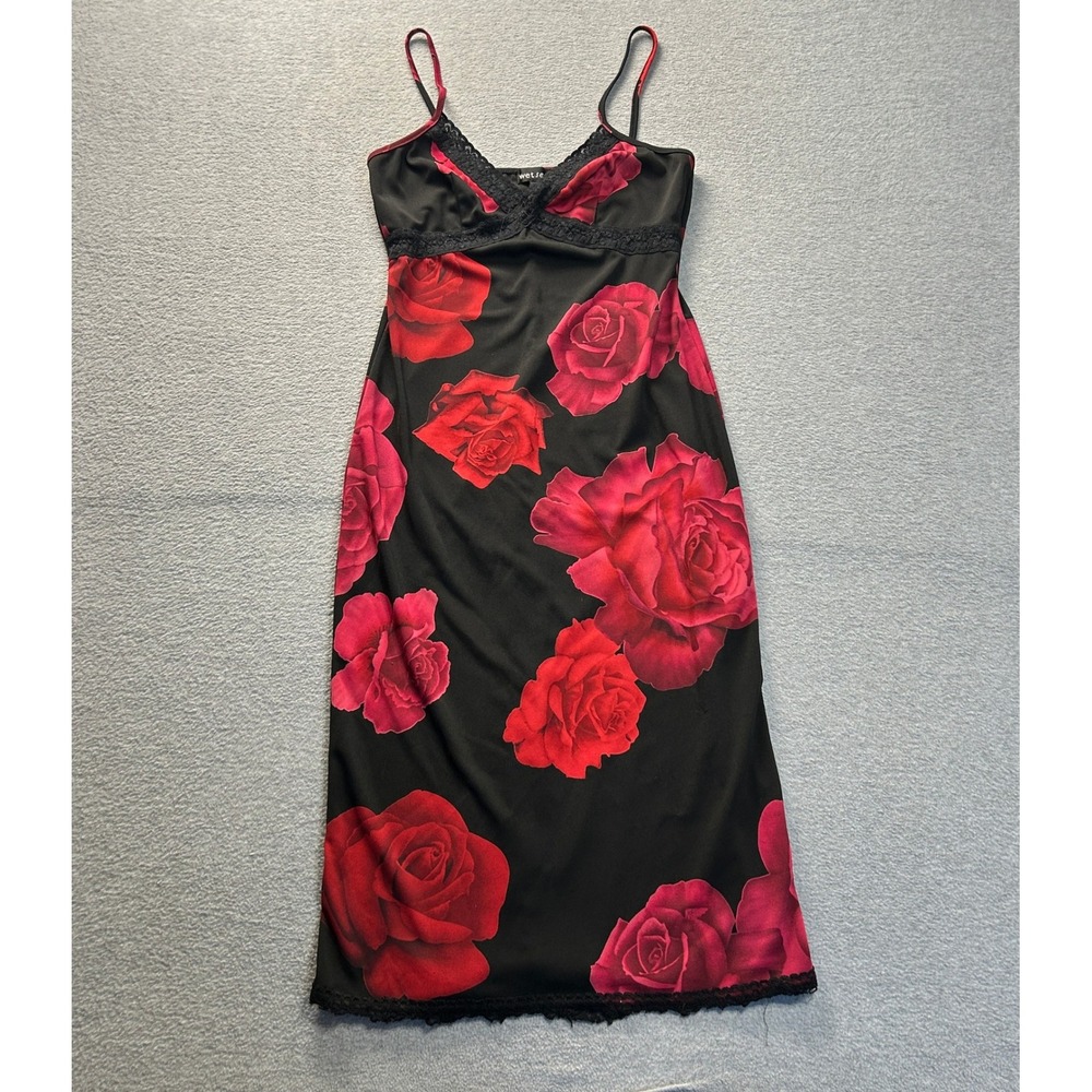 Wet Seal Slip Midi Dress Womens Medium Black Red Rose Floral Y2K Grunge Coquette
